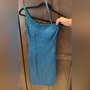 Scala Silk fitted fully beaded Sparkling Blue One-Shoulder Dress